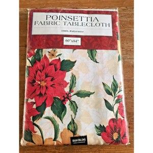 New Poinsettia Fabric Tablecloth 60" x 84" Holiday Christmas Dining Kitchen NOS